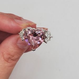 Silver Tone Heart Ring Simulated Light Pink Diamond And White Rhinestones